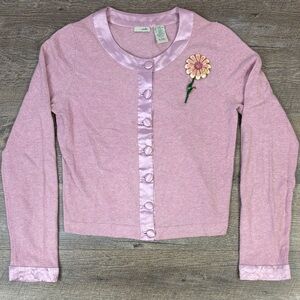 Odille Pink Wool Blend Cropped Cardigan with Satin Trim & Floral Pin – Size M